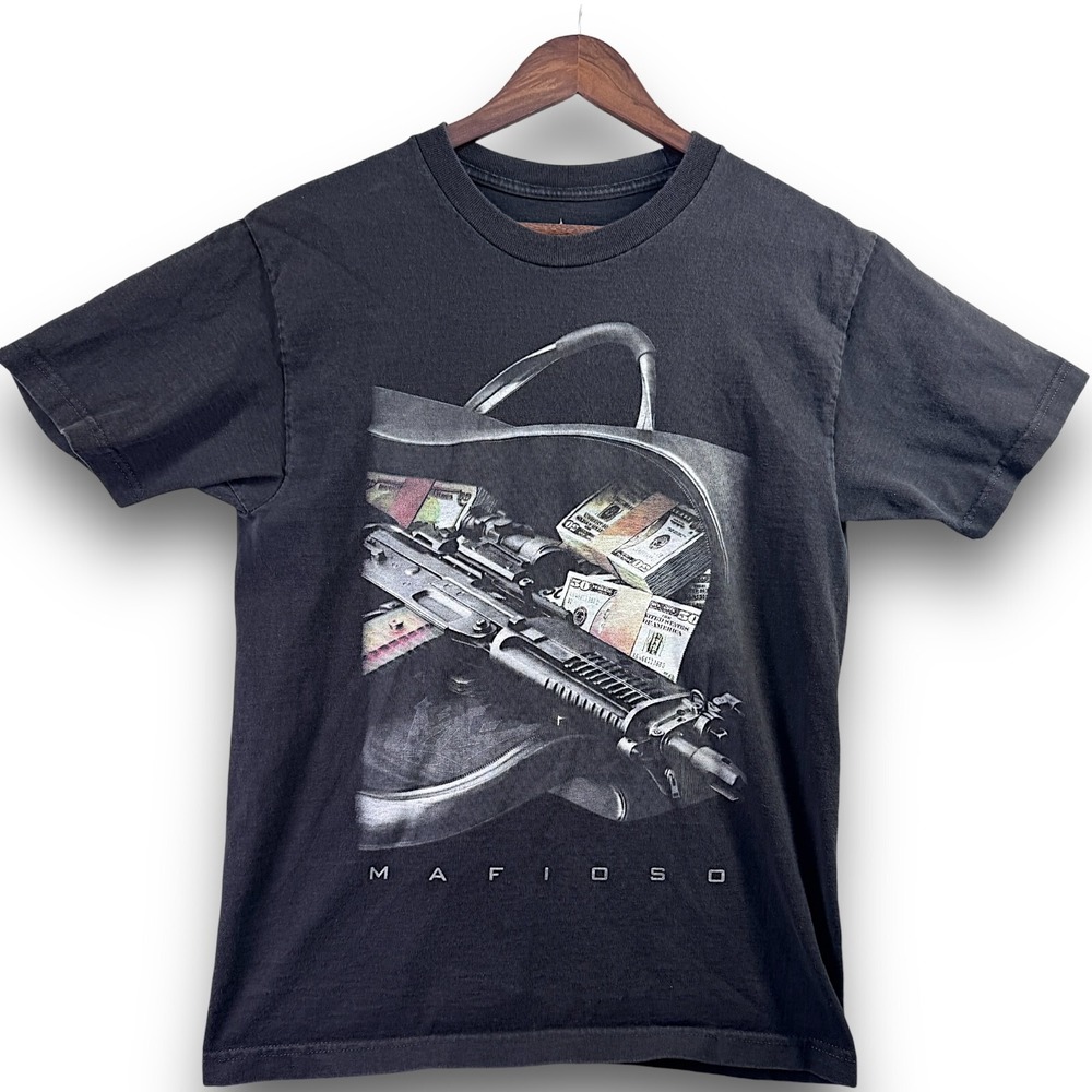 Mafioso Mens Graphic T-Shirt Medium Black Faded Money Gun Streetwear Tee